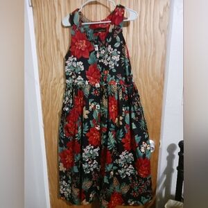 Pineapple Patch Vtg Cotton Pointsetta & Holly Berry Button Front Dress Size S